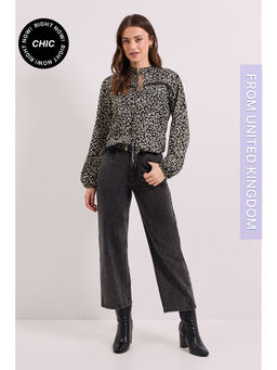 Dorothy Perkins - Mono Animal Tie Neck Detail Blouson Sleeve Jersey Top - Black