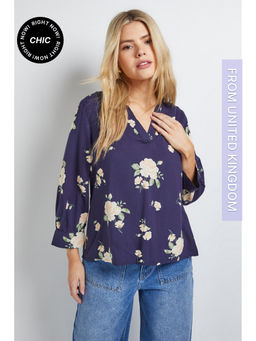 Dorothy Perkins - Navy Blue Floral Printed Overhead Shirt Blouse