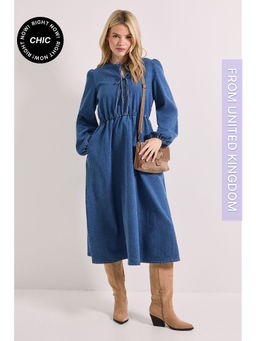 Dorothy Perkins - Bow Front Blouson Sleeve Denim Midi Dress - Blue