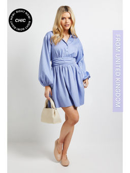 Dorothy Perkins - Pinstripe Collar Detail Gathered Waist Mini Dress - Blue