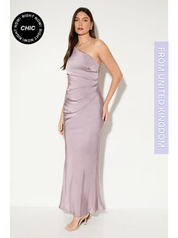 Misspap - Satin Asymmetric Strap Pleated Waist Low Back Maxi Bridesmaid Dress - Mauve