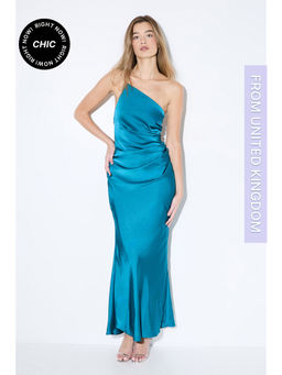 Misspap - Satin Asymmetric Strap Pleated Waist Low Back Maxi Bridesmaid Dress - Teal