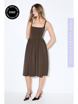Misspap - Square Neck A Line Midi Dress - Brown