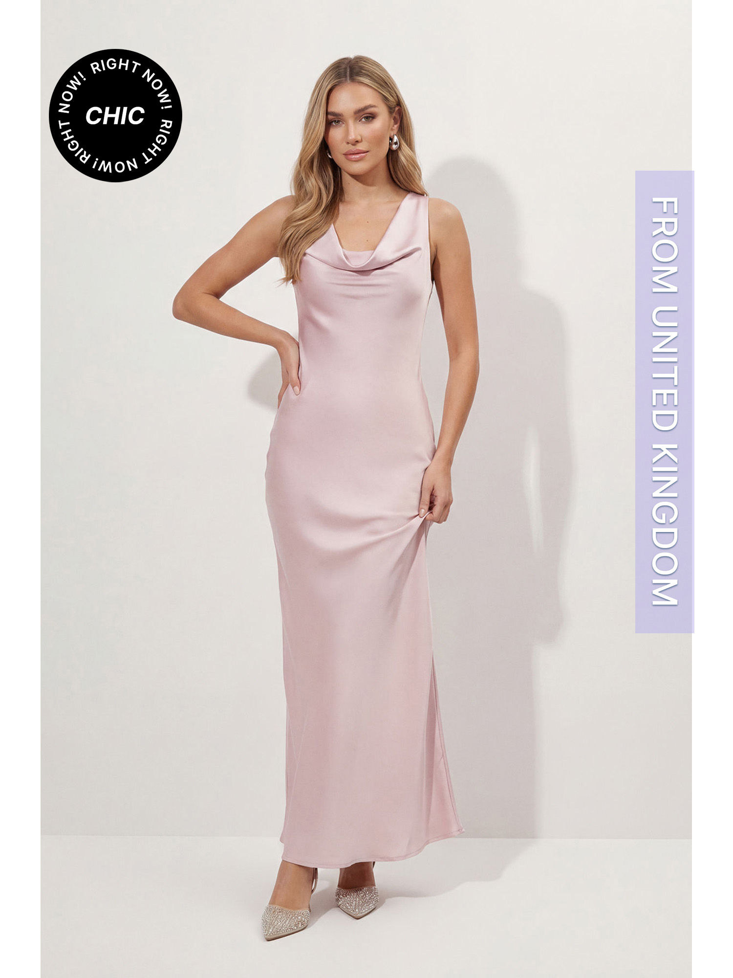 misspap Premium Satin Cowl Neck Fishtail Maxi Bridesmaid Dress - Pink-picture-21