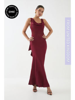 Misspap - Premium Satin Cowl Neck Fishtail Maxi Bridesmaid Dress - Wine
