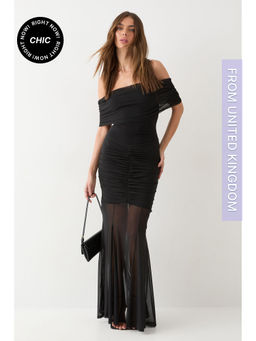 Misspap - Off Shoulder Mesh Overlay Maxi Dress - Black
