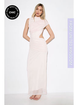 Misspap - Gathered Mesh Cut Out High Neck Maxi Dress - Nude
