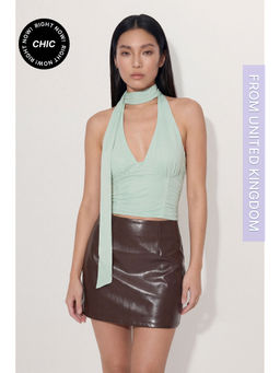 Misspap - Premium Mesh Scarf Detail Halter Top - Green