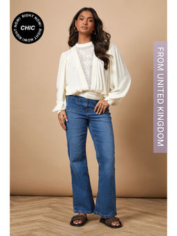 Oasis - High Neck Lace Embroidered Long Sleeve Blouse - Cream