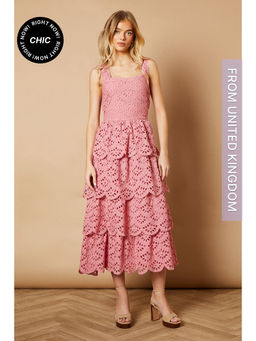 Oasis - Scallop Trim Broderie Midi Dress - Pink