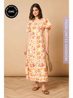 Oasis - Trim Detail Square Neck Puff Sleeve Midi Dress - Multi-Color