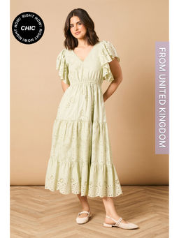 Oasis - Broderie V-Neck Angel Sleeve Midi Dress - Beige