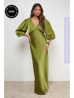 Oasis - Satin V-Neck Balloon Sleeve Bias Midi Dress - Olive