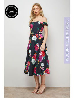 Oasis - Printed Bow Front Bardot Midi Dress - Multi-Color