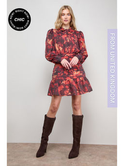 Oasis - Long Sleeve Button Up Collar Detail Mini Dress - Burgundy