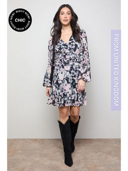 Oasis - Printed Pleated Skirt Long Sleeve Mini Dress - Multi-Color