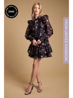 Oasis - Tie Neck Ruffle Fit and Flare Mini Dress - Black