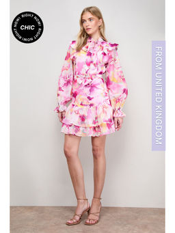 Oasis - Tie Neck Ruffle Fit and Flare Mini Dress - Purple