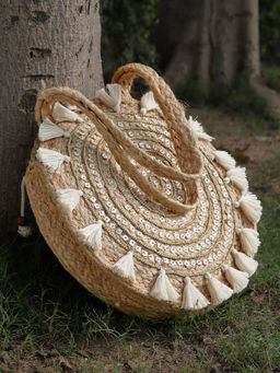 Anekaant - Sisal Baked Beige Mandala Embellished Jute Tote Bag