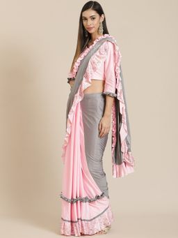 Readiprint - Lycra Fabric Pink & Grey Color Ruffle Style Saree with Unstitched Blouse
