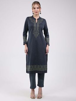 Monte Carlo - Women Navy Blue Printed-Beads Work Kurta with Pant