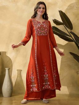 KVS FAB - Women Orange Floral Embroidered Kurta with Palazzo and Dupatta