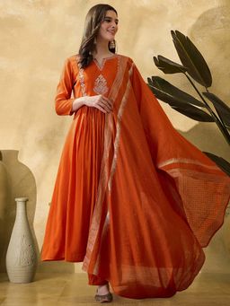 KVS FAB - Women Orange A-Line Hand Embroidered Kurta with Pant and Dupatta