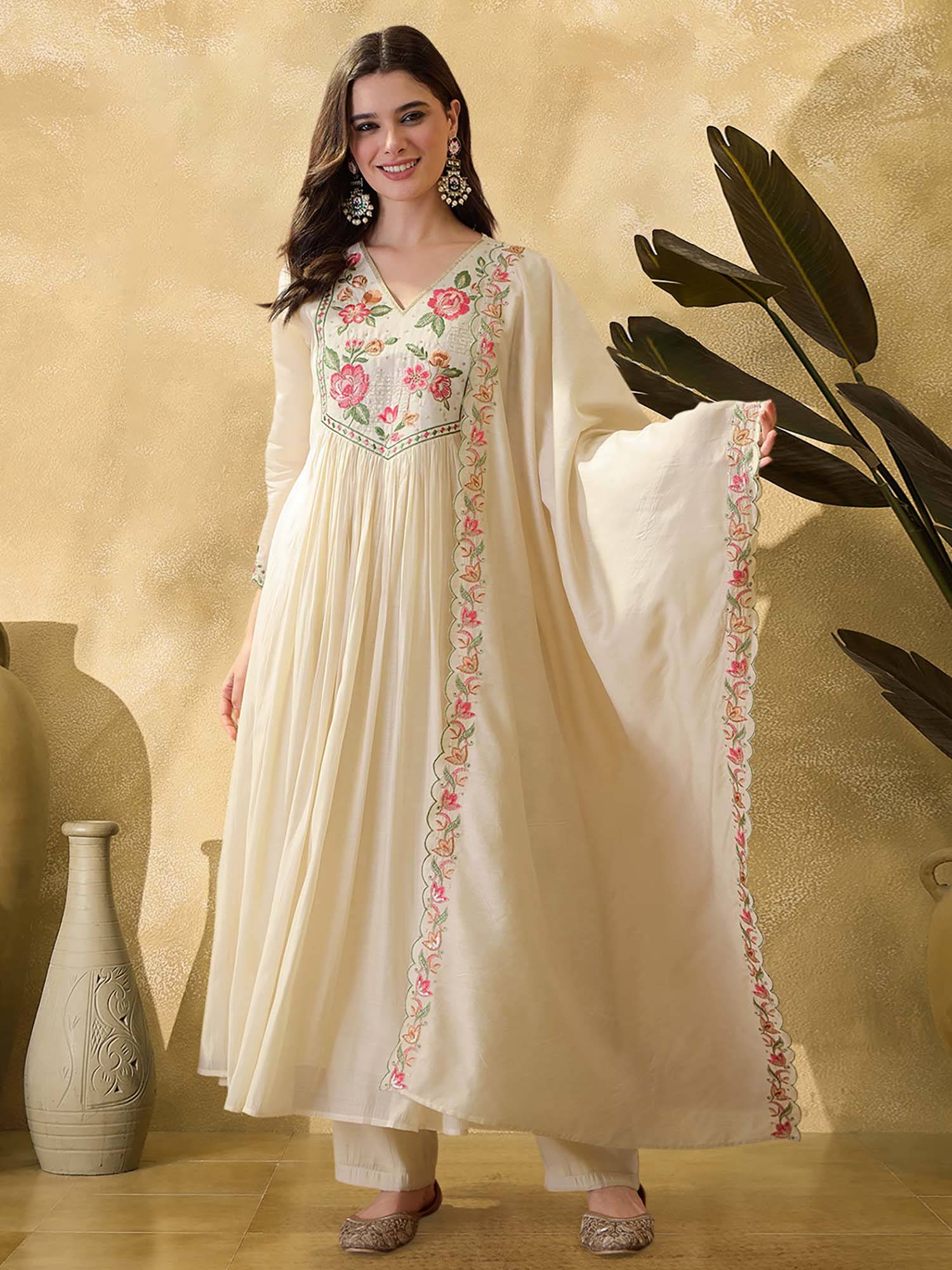 kvs fab Women Off White Floral Embroidered Kurta with Pant and Dupatta-picture-15