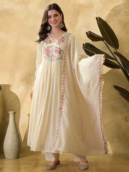 KVS FAB - Women Off White Floral Embroidered Kurta with Pant and Dupatta