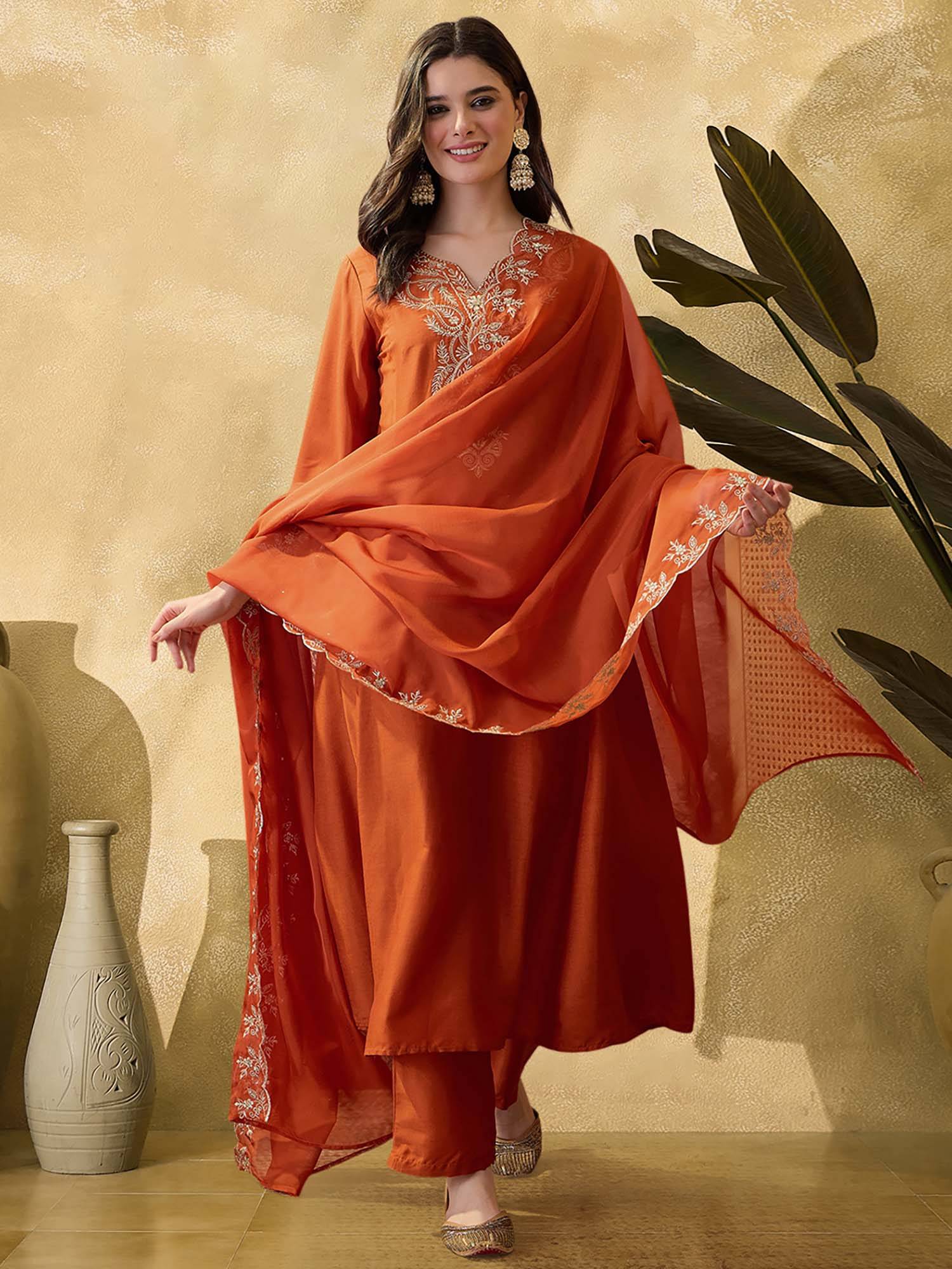 kvs fab Women Orange Sequence Embroidered Kurta with Pant and Dupatta-picture-14