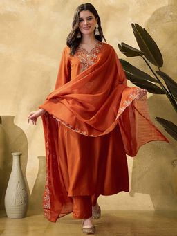 KVS FAB - Women Orange Sequence Embroidered Kurta with Pant and Dupatta