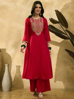 KVS FAB - Women Red Thread Embroidered Kurta with Palazzo