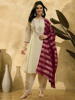 KVS FAB - Women Off White Embroidered Kurta with Salwar and Dupatta