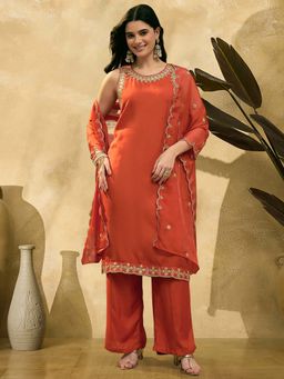 KVS FAB - Women Orange Embroidered Kurta with Palazzo and Dupatta