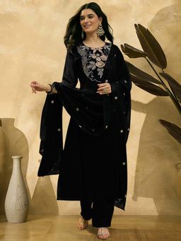 KVS FAB - Women Black Floral Embroidered Kurta with Pant and Dupatta
