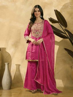 KVS FAB - Women Pink Embroidered Mirror Work Kurti with Palazzo and Dupatta