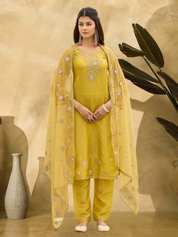 KVS FAB - Women Yellow Floral Embroidered Kurta with Pant and Dupatta