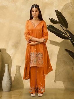 KVS FAB - Women Orange Embroidered Kurta with Palazzo and Dupatta