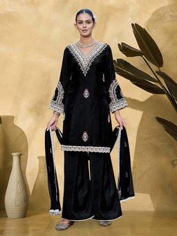 KVS FAB - Women Black Floral Embroidered Kurta with Palazzo and Dupatta