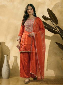 KVS FAB - Women Orange Embroidered Kurta with Palazzo and Dupatta