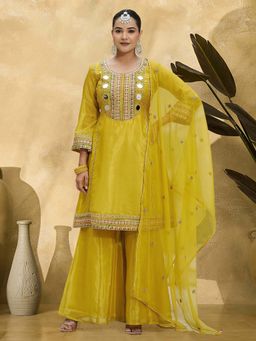 KVS FAB - Women Yellow Embroidered-Mirror Work Kurta with Palazzo and Dupatta