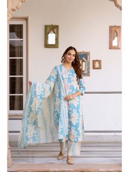 Nehamta - Women Sky Blue Floral Printed Kurta with Palazzo and Dupatta