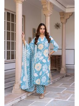 Nehamta - Women Sky Blue Floral Printed Kurta with Palazzo and Dupatta