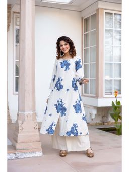 Nehamta - Women Blue-White Cotton Flex Floral Printed Kurta with Palazzo