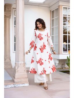 Nehamta - Women Red-White Cotton Flex Floral Printed Kurta with Palazzo