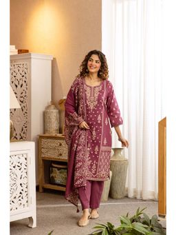 Nehamta - Women Wine Floral Printed Sequined Kurta with Pant and Dupatta