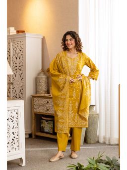 Nehamta - Women Yellow Floral Printed Sequined Kurta with Pant and Dupatta