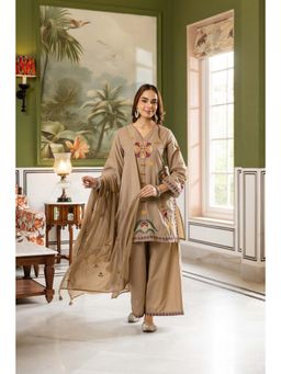 Nehamta - Women Beige Floral Embroidered Kurta with Palazzo and Dupatta