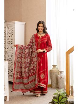 Nehamta - Women Red Printed-Embroidered Kurta with Palazzo and Dupatta