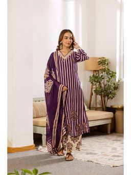 Nehamta - Women Purple Stripes Printed Kurta with Pant and Dupatta